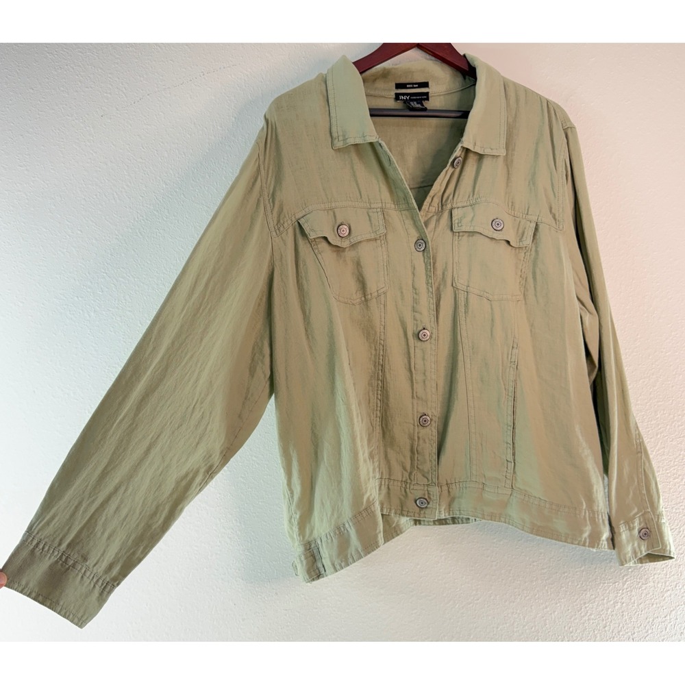 Jones New York 100% Linen Shacket Trucker Jacket 2X Olive Green Cottagecore